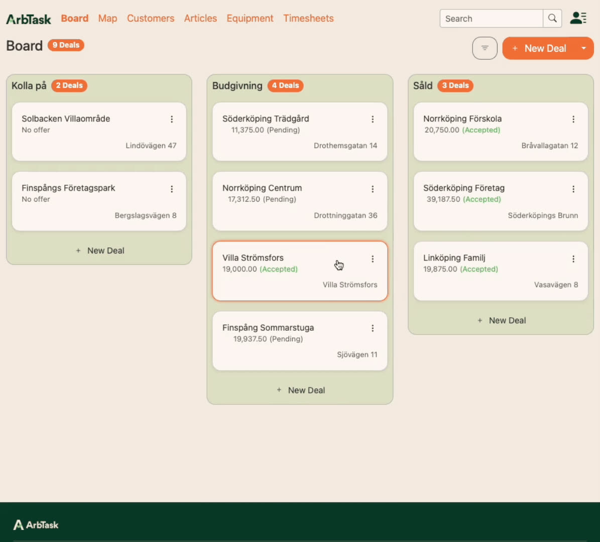 Tree jobs as cards on the ArbTask deal board