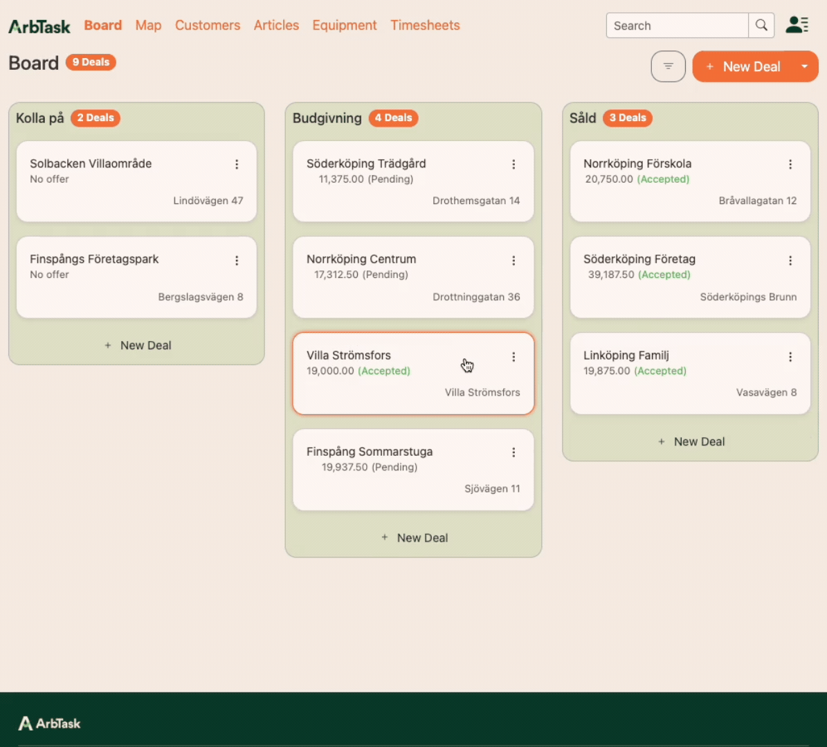 Moving job cards between lists on the ArbTask deal board
