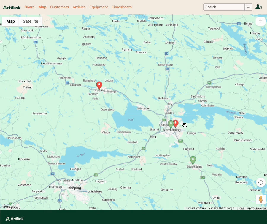 Tree jobs as pins on the ArbTask map