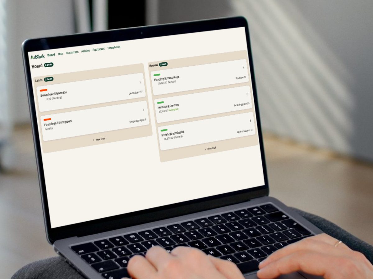 ArbTask deal board showing jobs organized by stage: leads, booked, and invoiced