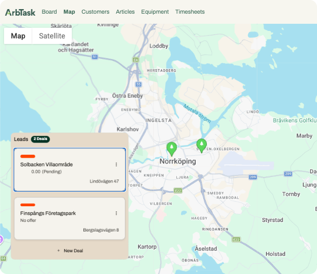 ArbTask app showing tree jobs on a map with job pins and details card