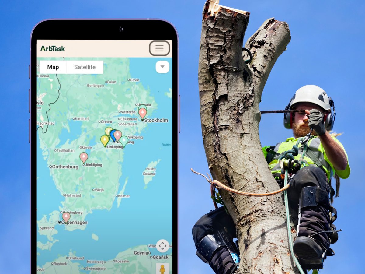 ArbTask map view with multiple job pins and location details